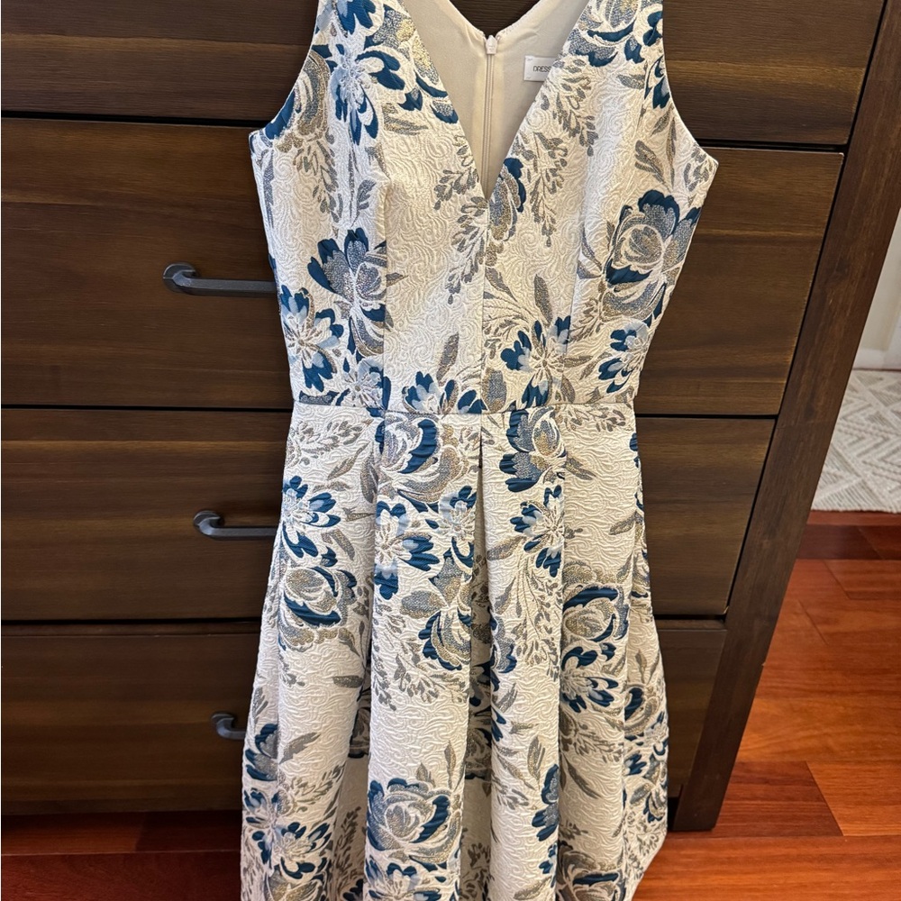 Dress the Population Blue and Cream Floral Midi Dress